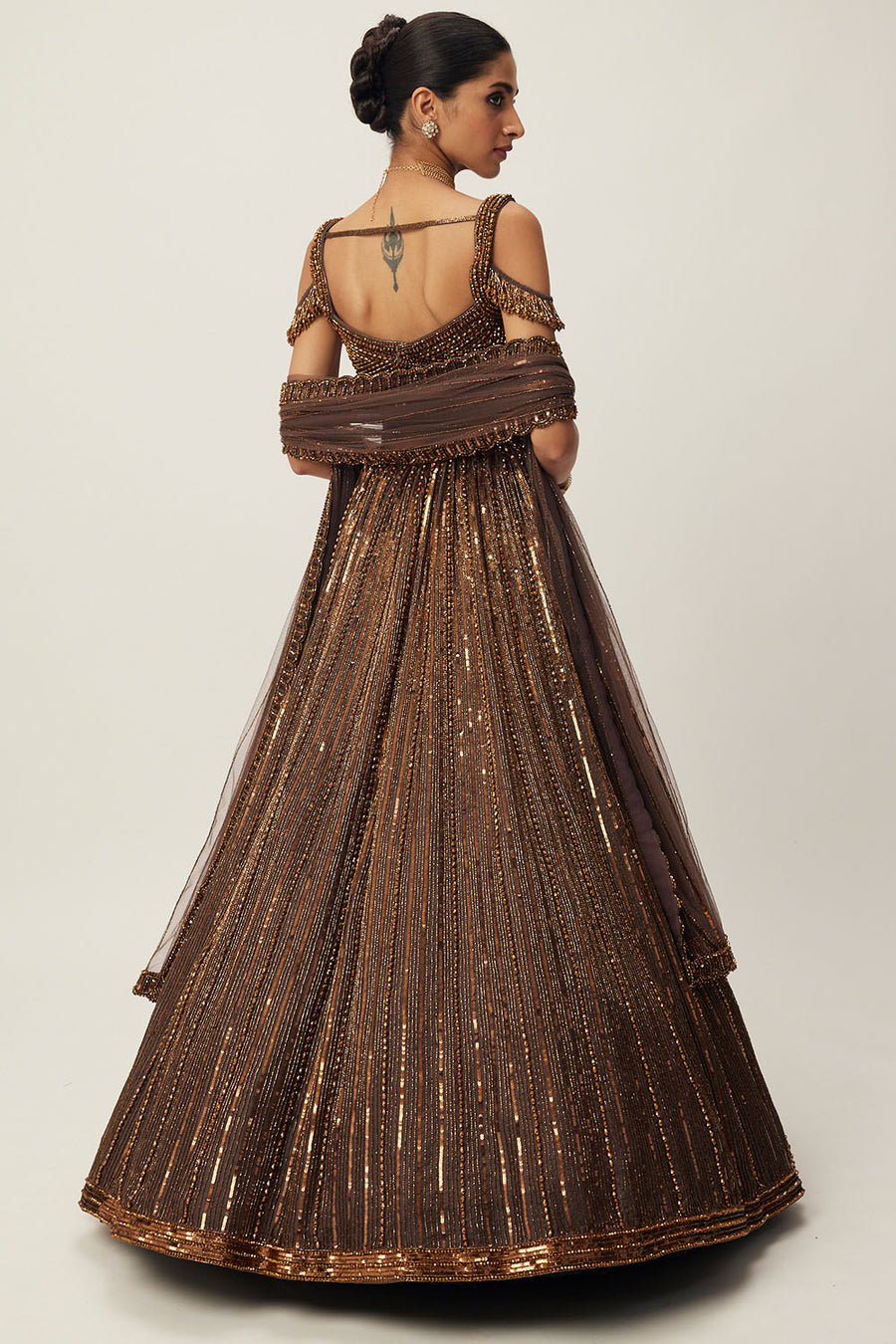 Copper Linear Embroidered Lehenga Set