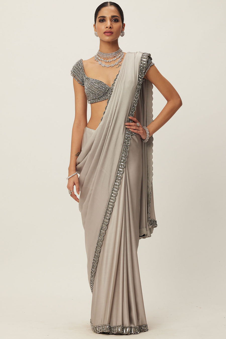 Crystal Grey Satin Saree Set