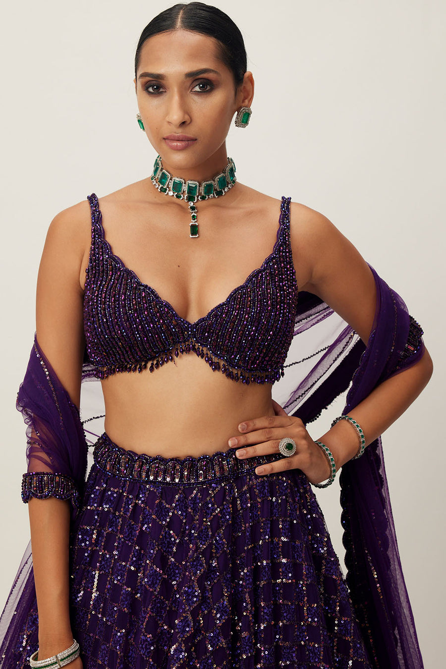 Purple Crystal Embroidered Lehenga Set