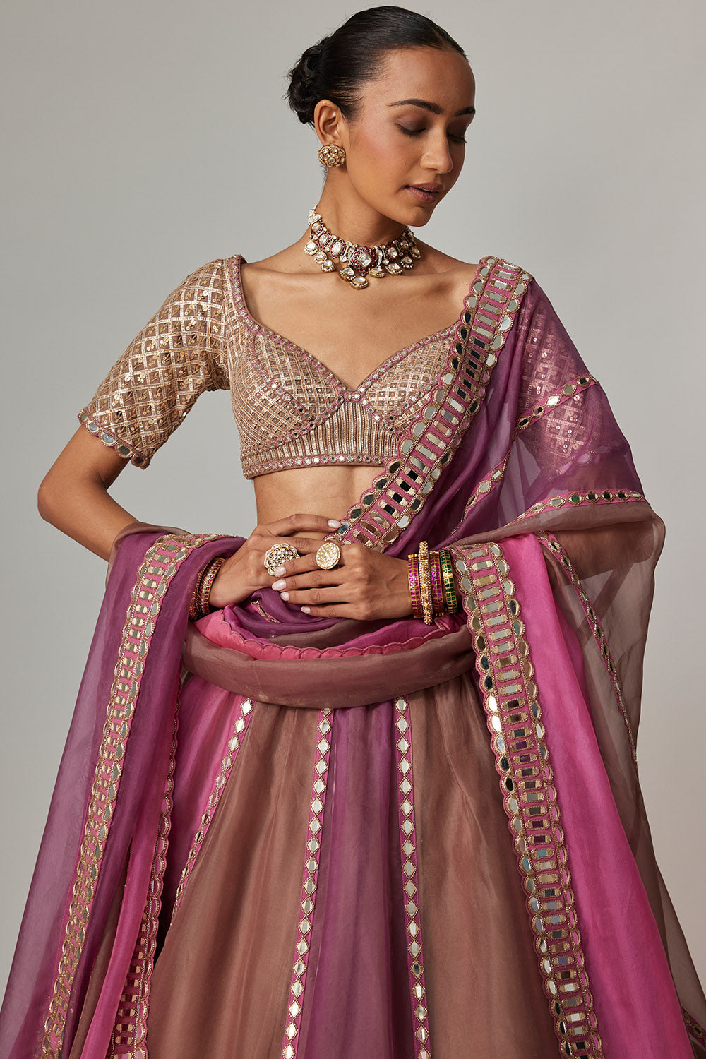Mud Mauve Lehenga with Elbow Sleeve Blouse