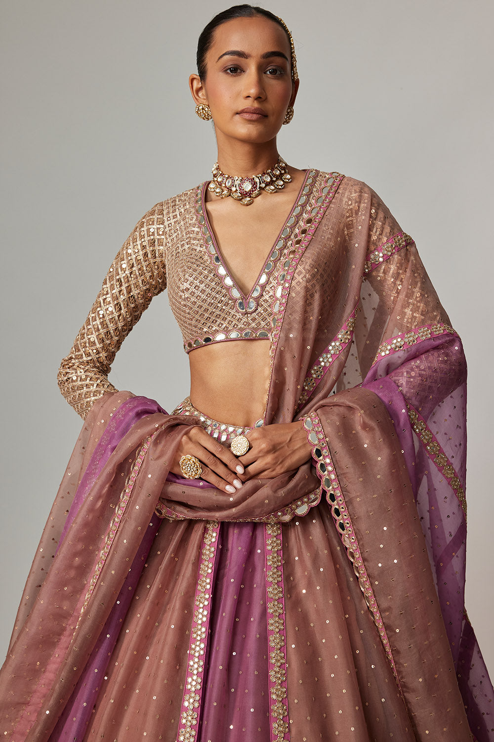 Mud Mauve Lehenga with Full Sleeve Blouse