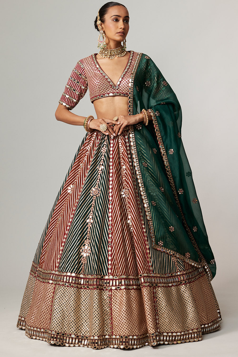Cranberry Flower Linear Lehenga Set
