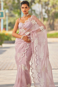 Powder Lilac Flower Saree Set