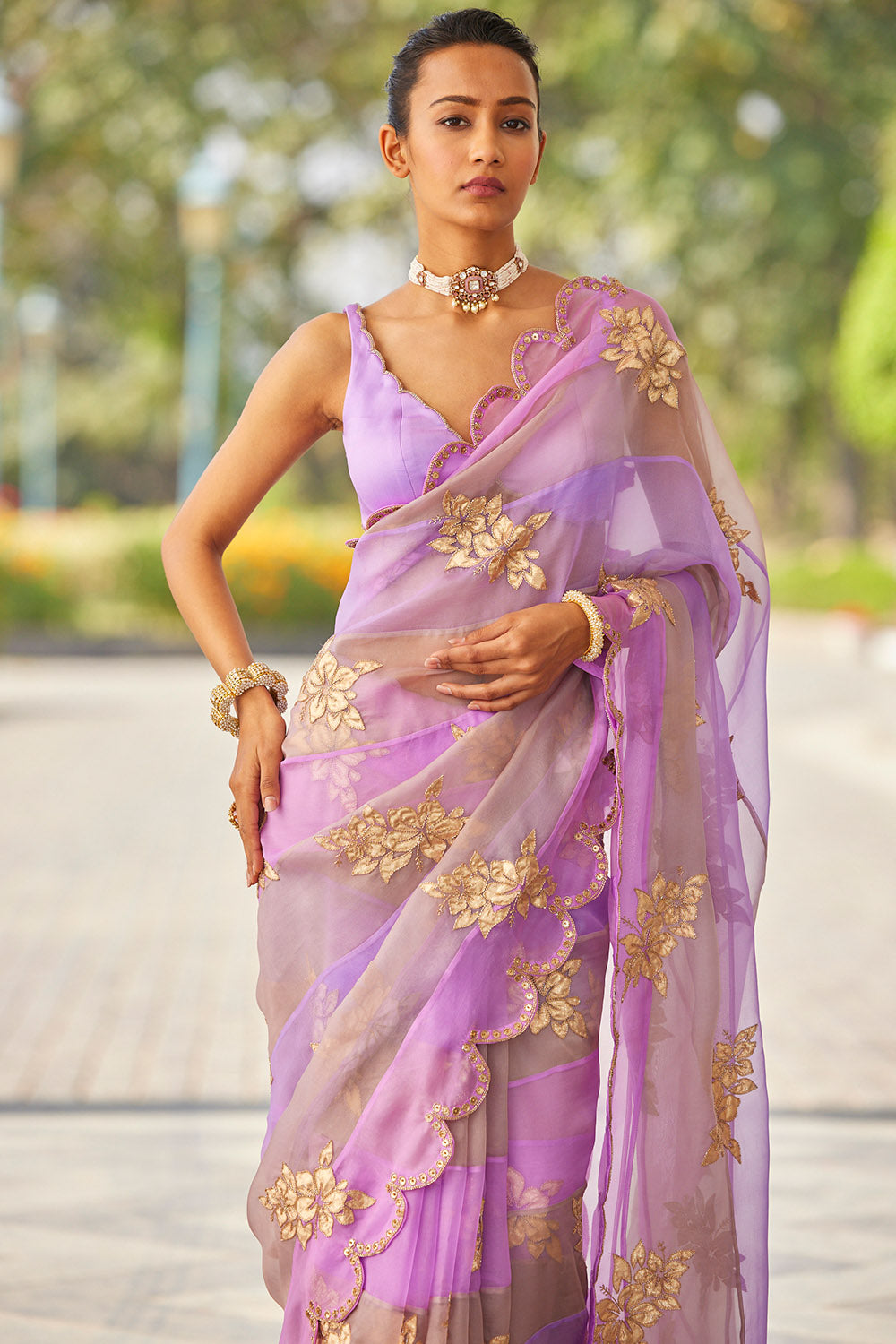 Mauve Multicolor Flower Saree Set