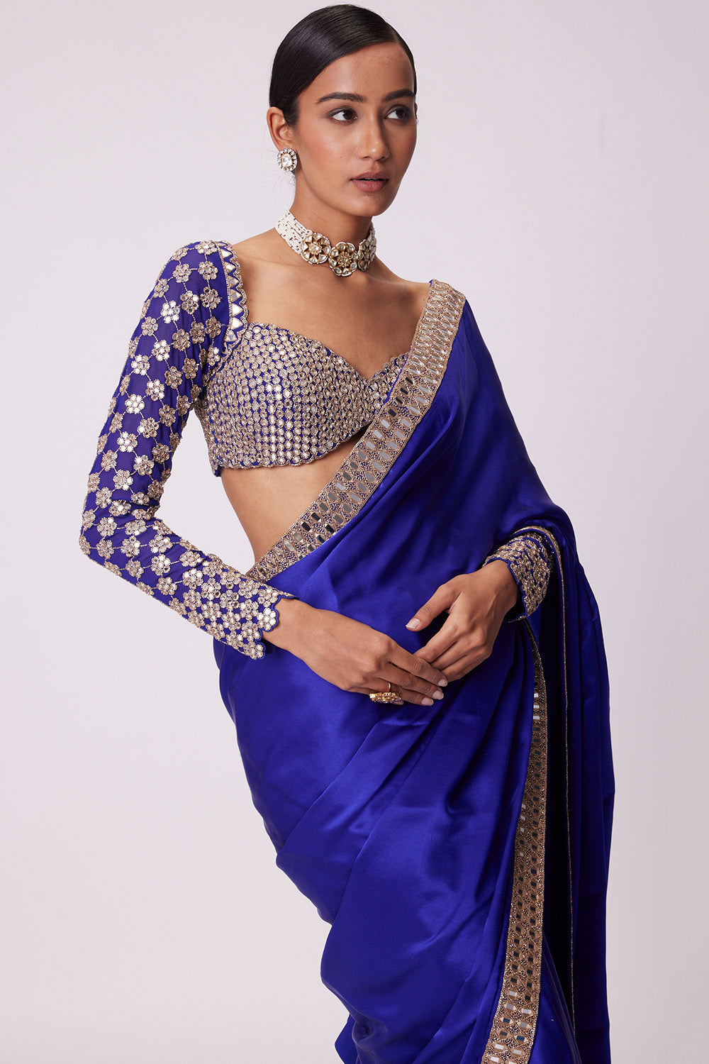 Persian Blue Satin Saree Set