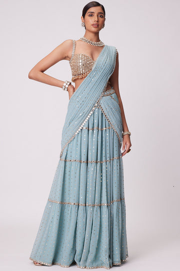 Powder Blue Multi Tier Saree Set