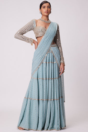 Powder Blue Multi Tier Saree Set