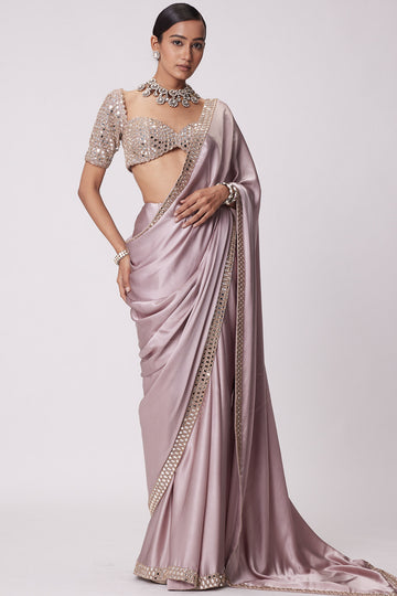 Ash Pink Satin Saree Set