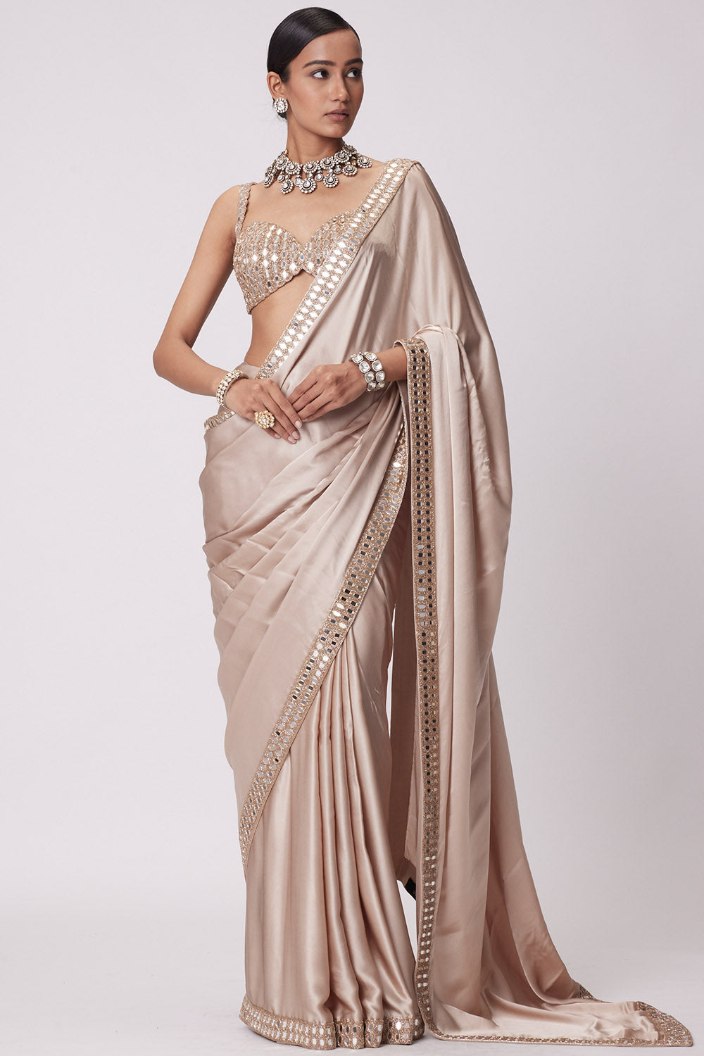 Light Beige Satin Saree Set