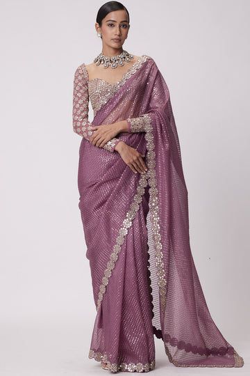 Mud Mauve Hand Embroidered Saree Set