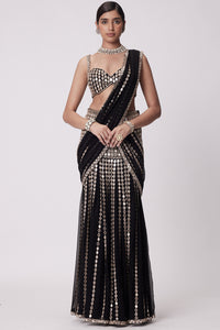 Black Pre Draped Saree Set