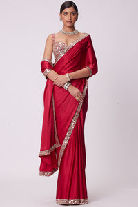 Crimson Red Satin Saree Set