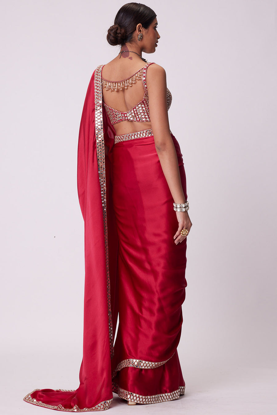 Crimson Red Satin Saree Set