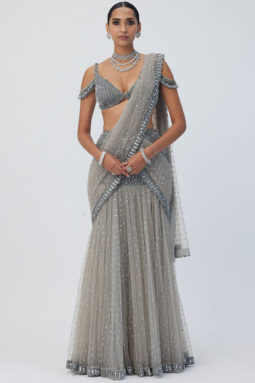 Crystal Grey Pre Draped Saree Set