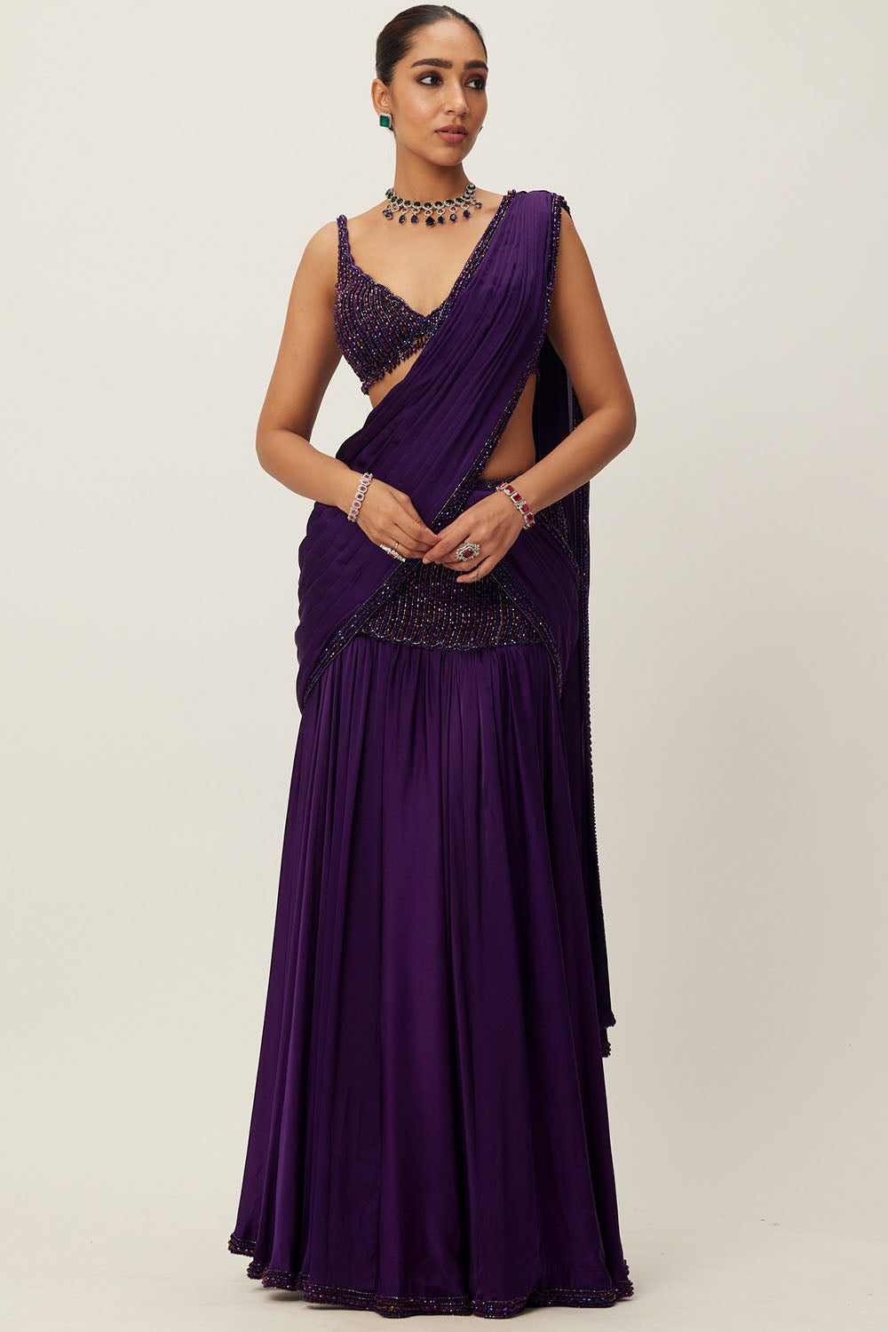 Purple Pre Draped Saree Set