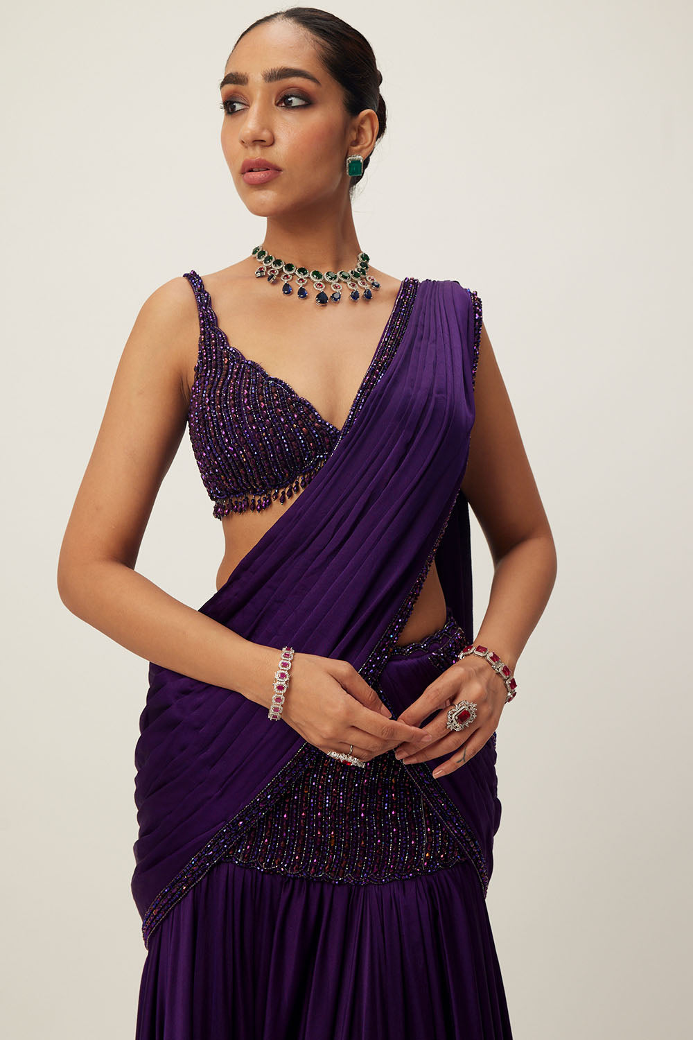 Purple Pre Draped Saree Set