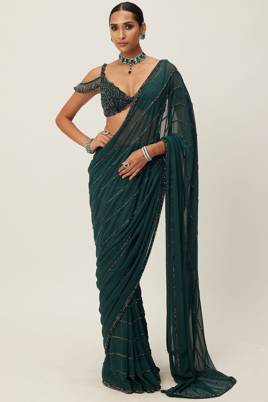 Jade Green Embroidered Saree