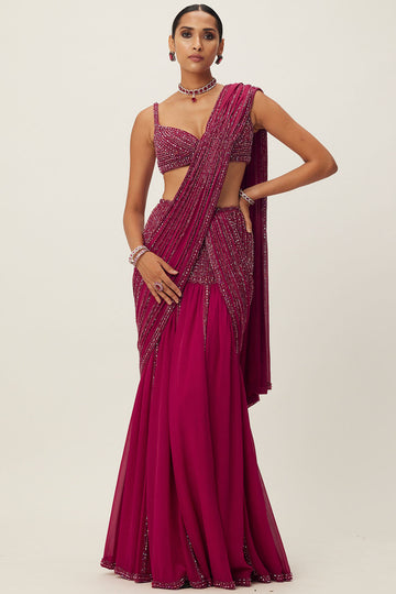 Ruby Red Pre Draped Saree Set