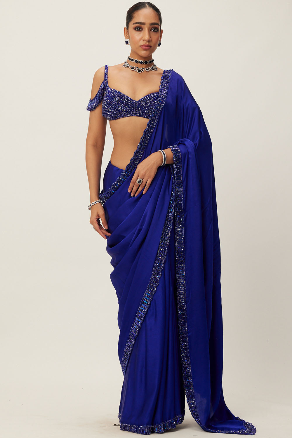 Cocktail Blue Satin Saree Set