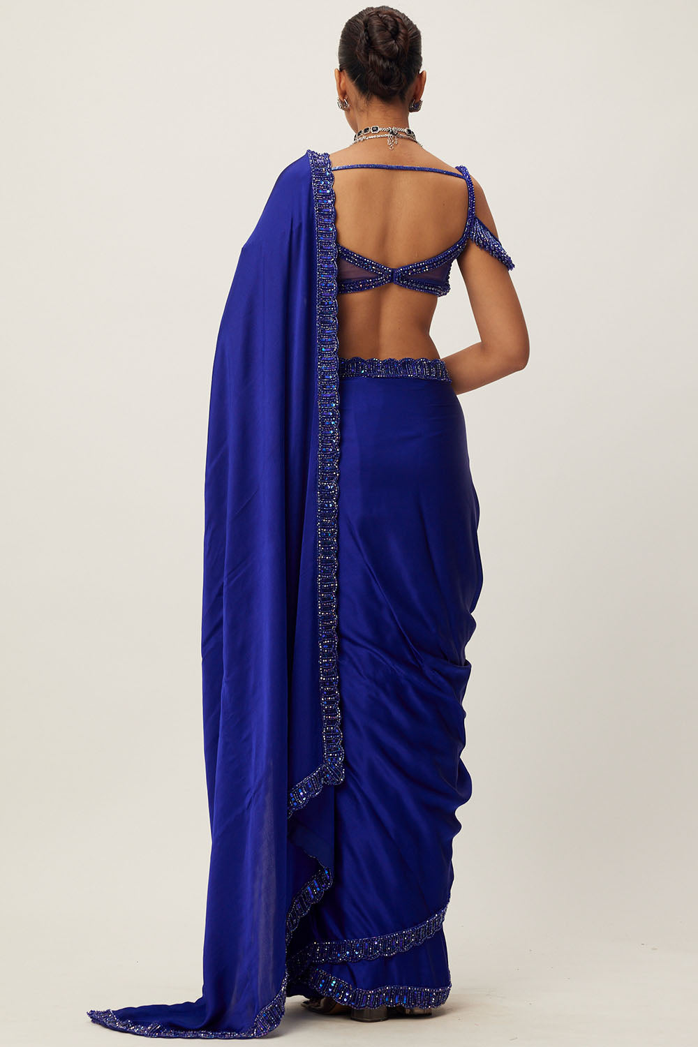 Cocktail Blue Satin Saree Set