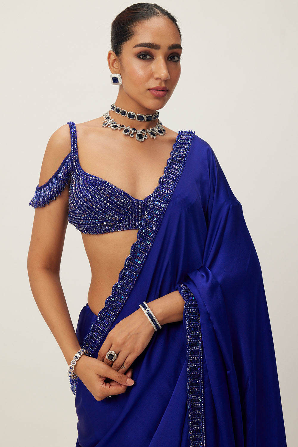 Cocktail Blue Satin Saree Set