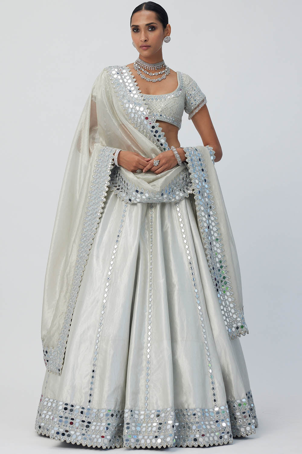 Silver Shimmer Organza Linear Lehenga Set