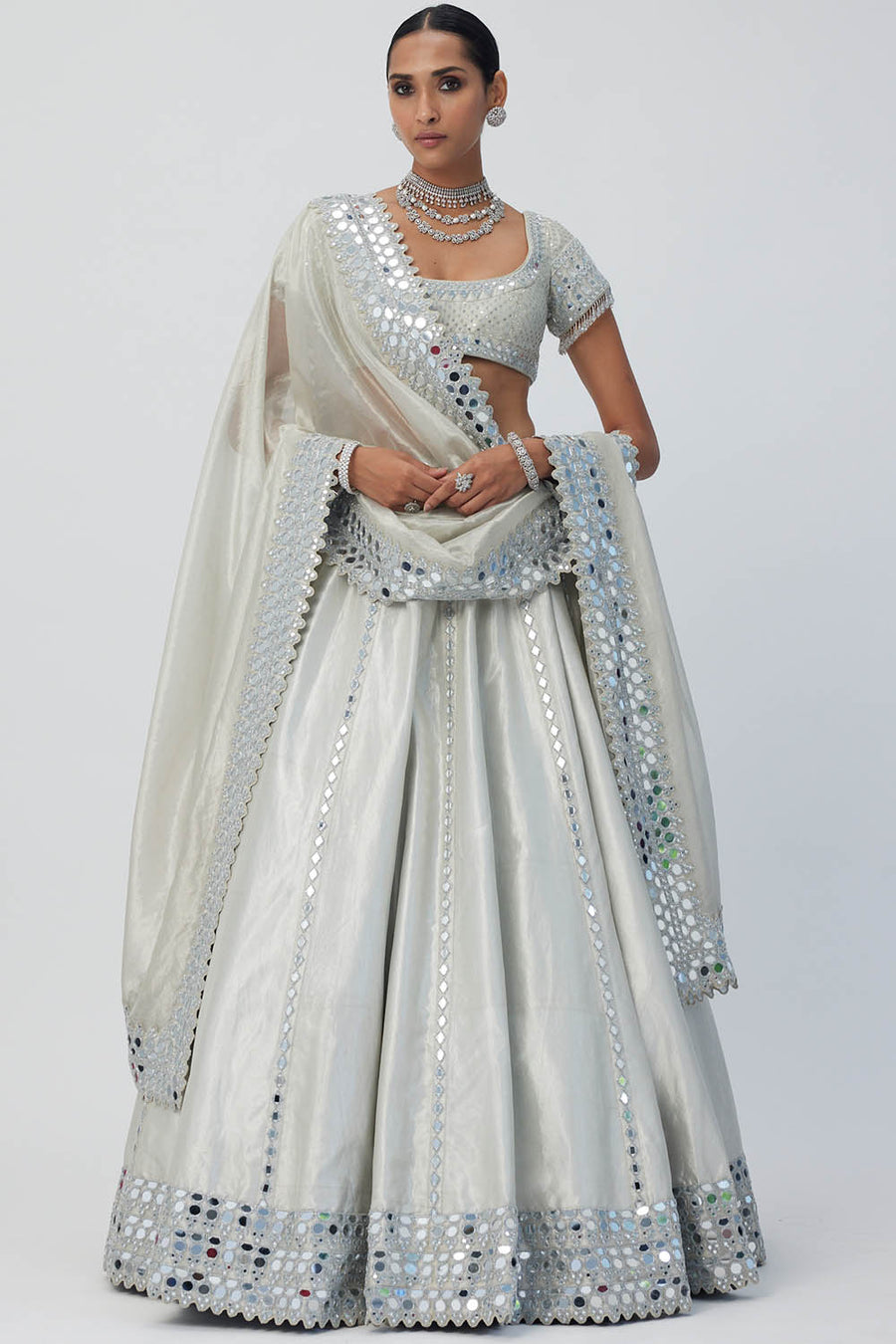 Silver Shimmer Organza Linear Lehenga Set