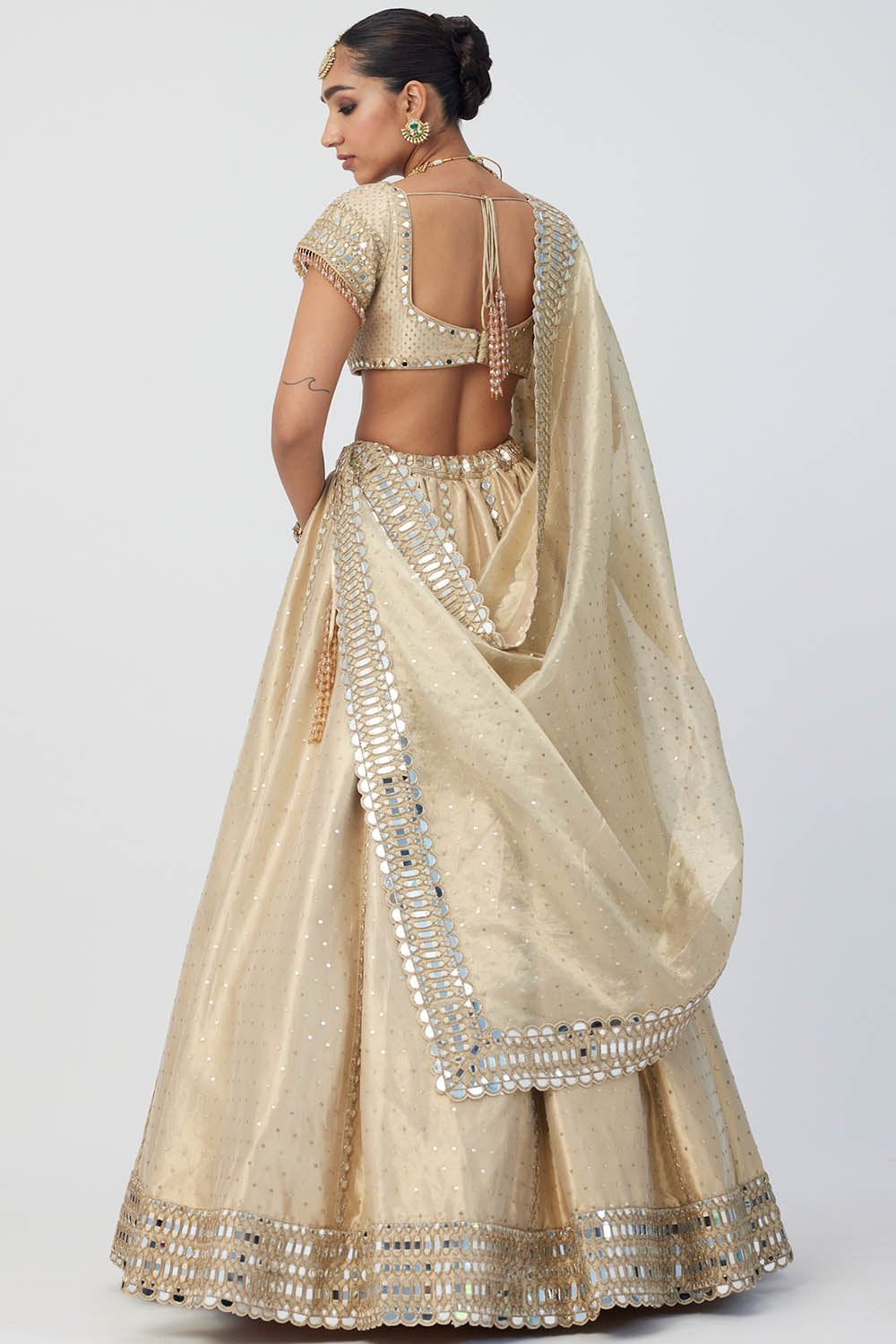 Golden Shimmer Organza Linear Lehenga Set