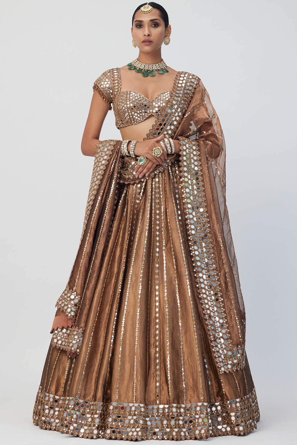 Copper Shimmer Organza Linear Lehenga Set