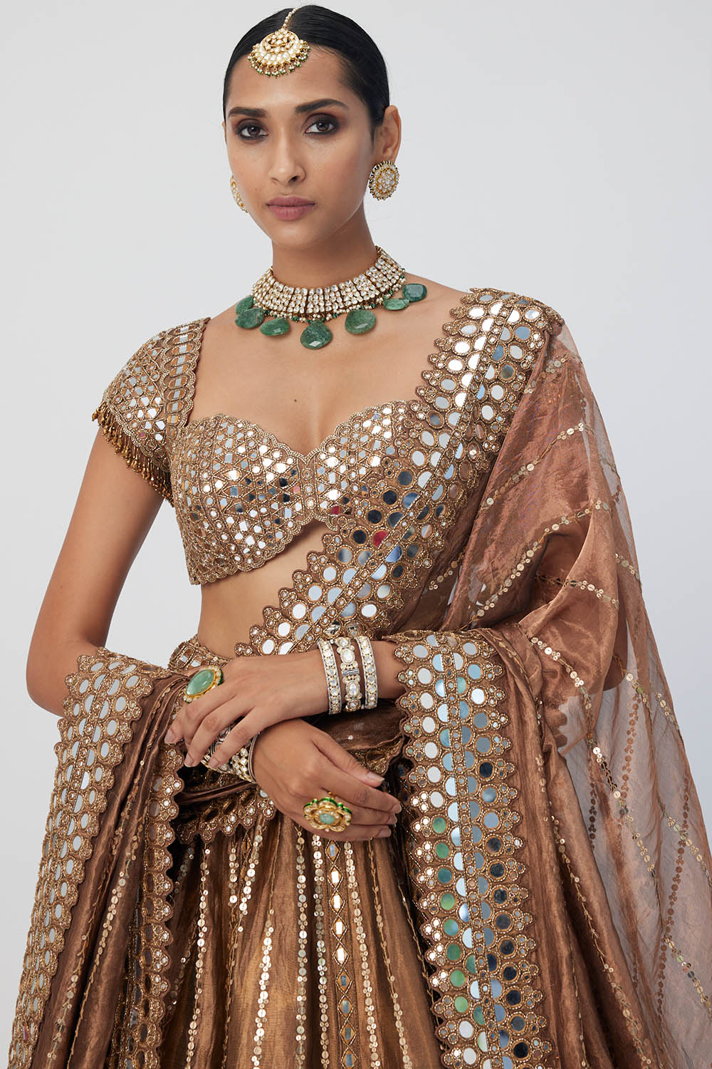 Copper Shimmer Organza Linear Lehenga Set