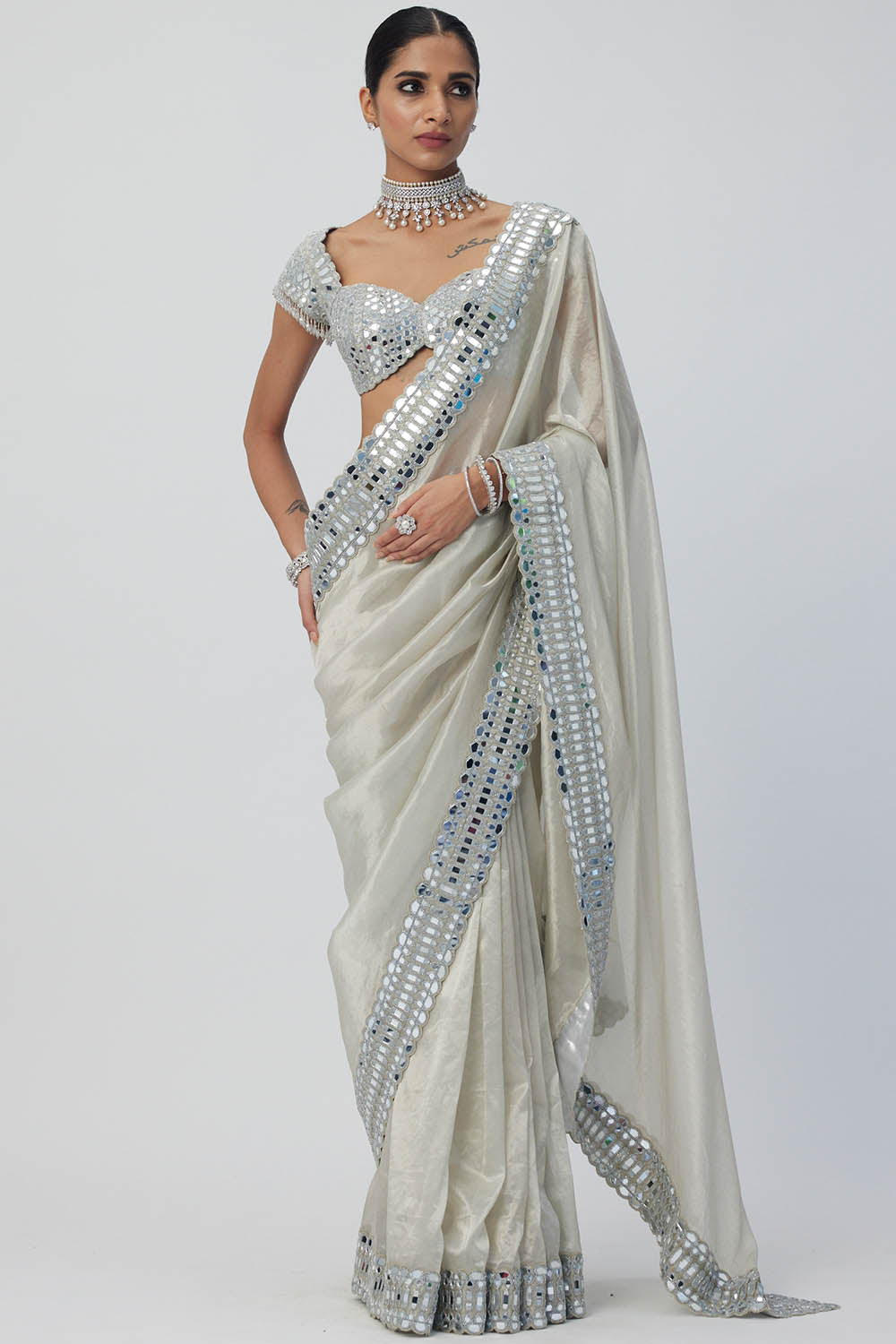 Silver Shimmer Organza Saree Set