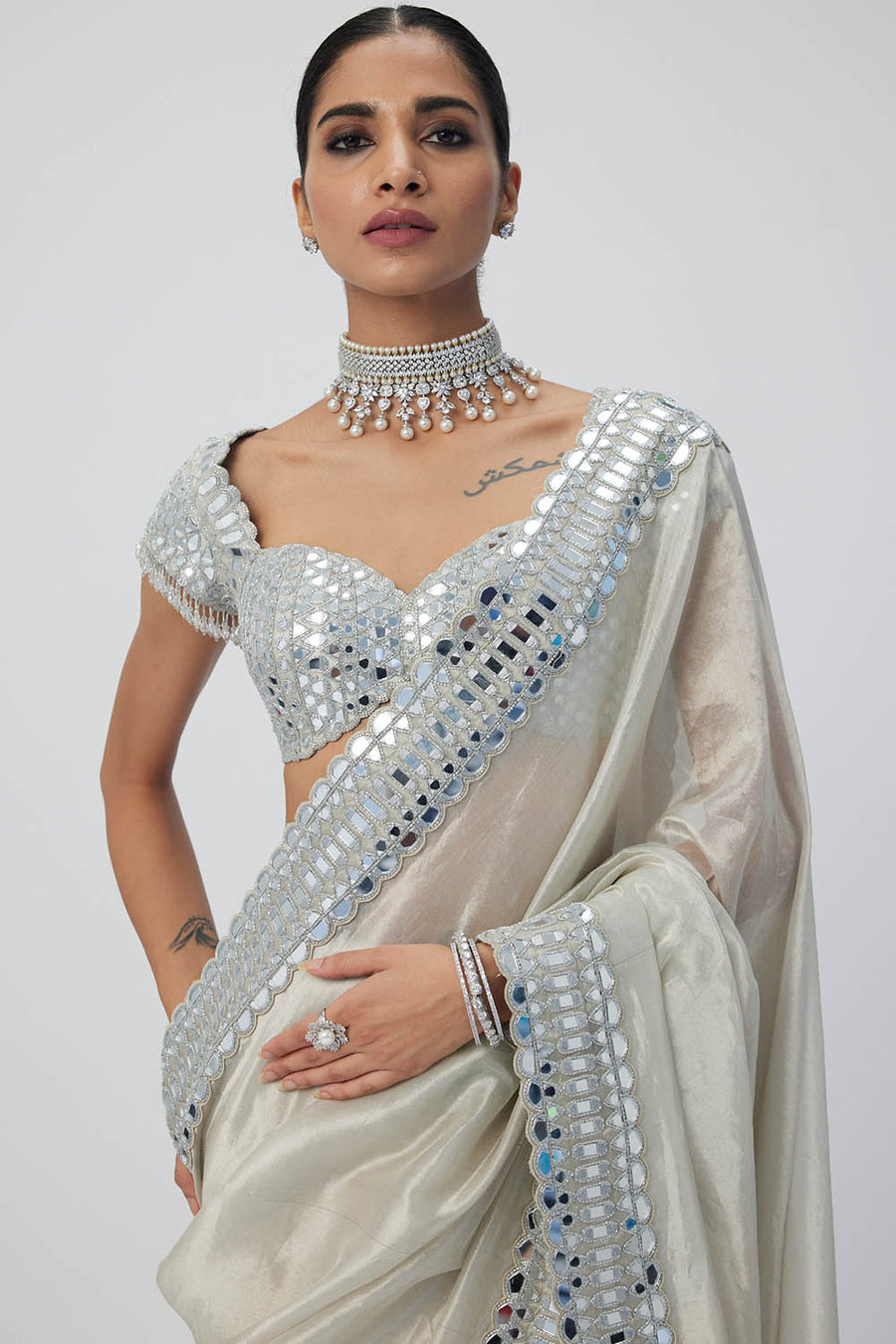 Silver Shimmer Organza Saree Set