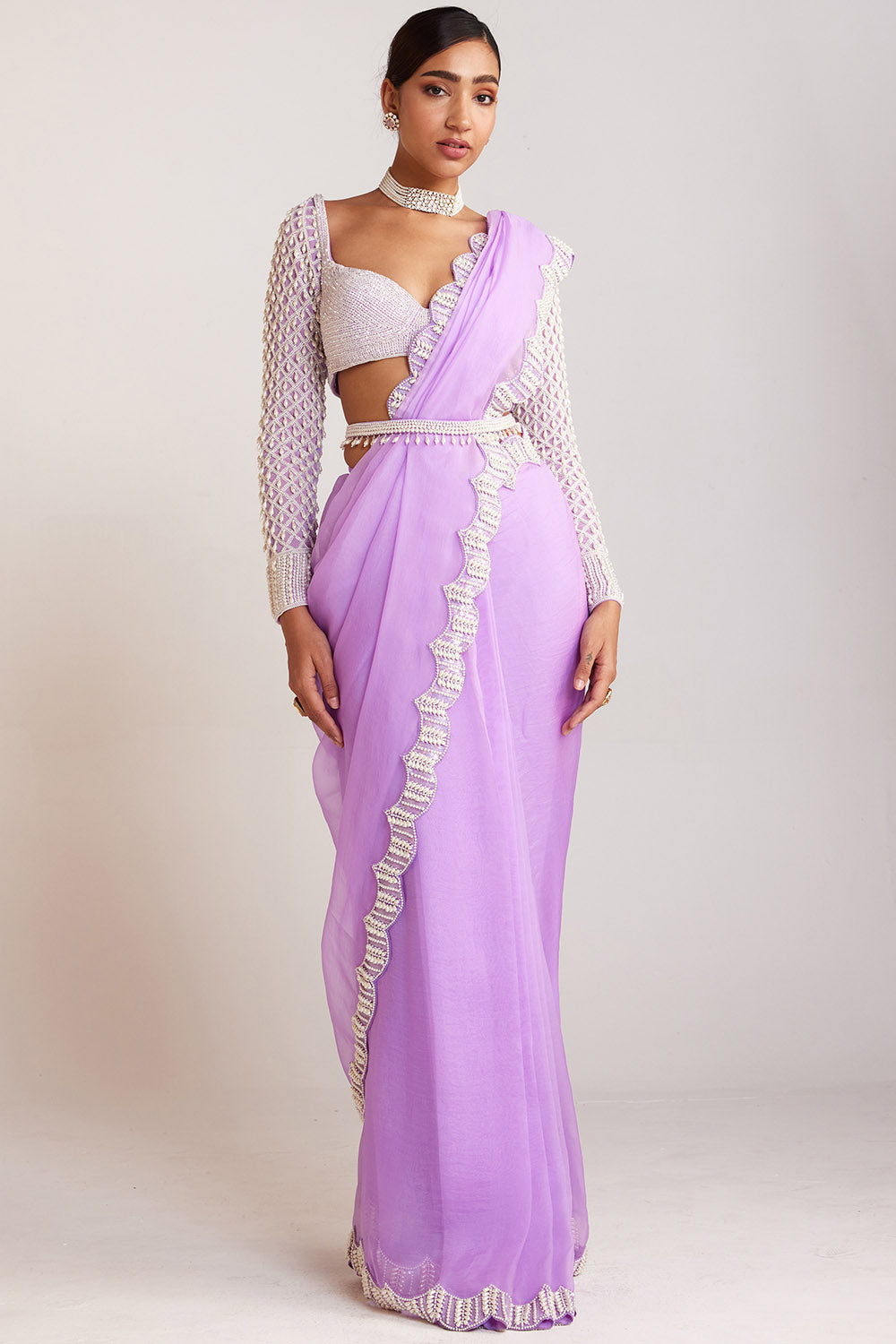 Lilac Pearl Embellished Saree