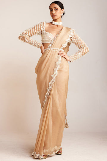 Beige Pearl Embellished Saree