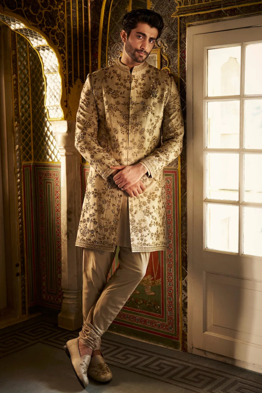 Beige Zardosi Short Sherwani Set