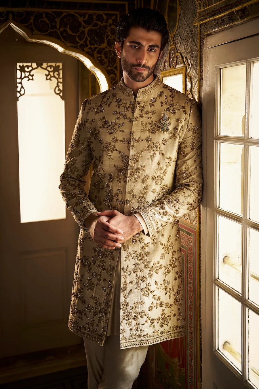Beige Zardosi Short Sherwani Set
