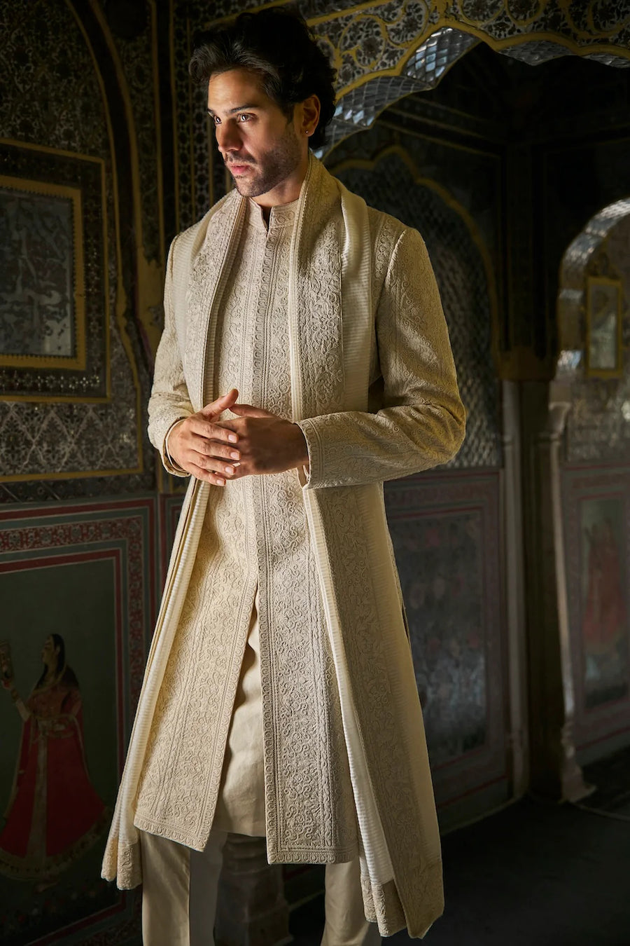 Champagne Thread Work Sherwani Set