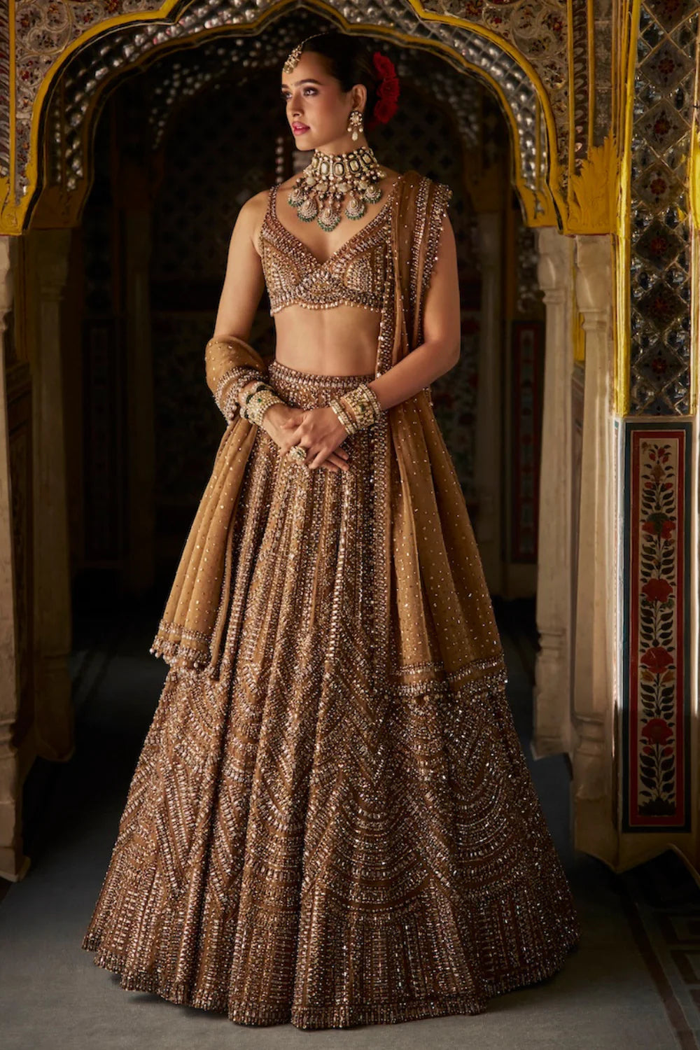 Copper Gold Crystal Lehenga Set