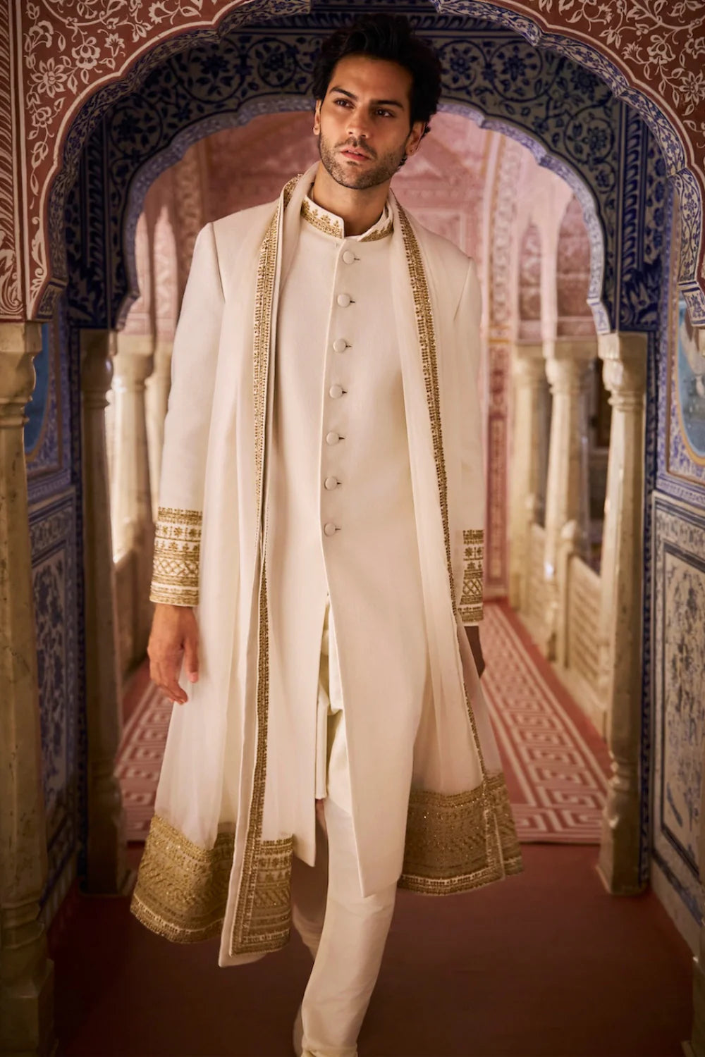 Beige Zardosi Ivory Gold Matka Silk Sherwani Set