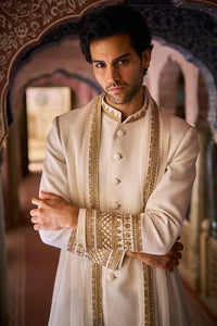 Beige Zardosi Ivory Gold Matka Silk Sherwani Set
