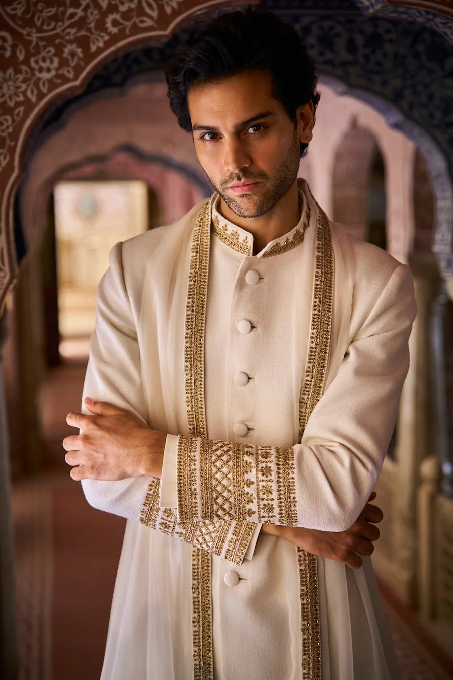 Beige Zardosi Ivory Gold Matka Silk Sherwani Set