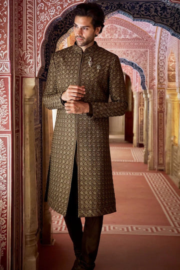 Olive Green Thread Sequin Sherwani Set
