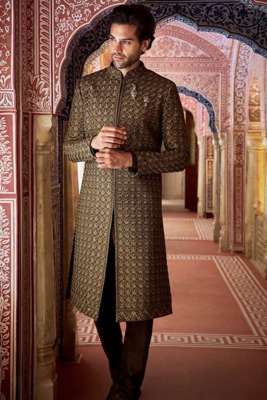 Olive Green Thread Sequin Sherwani Set