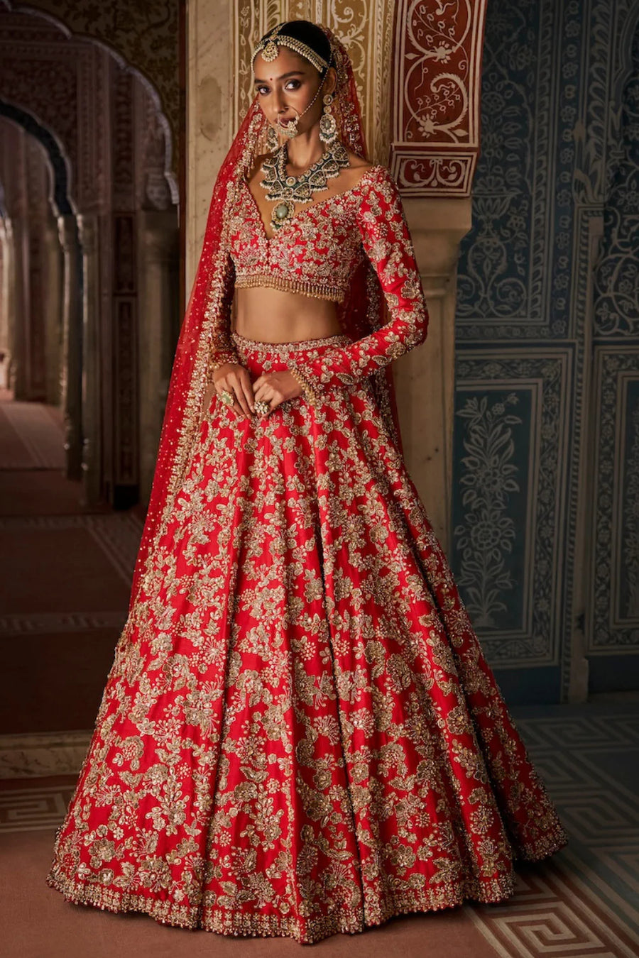 Red Crystsal Lehenga Set