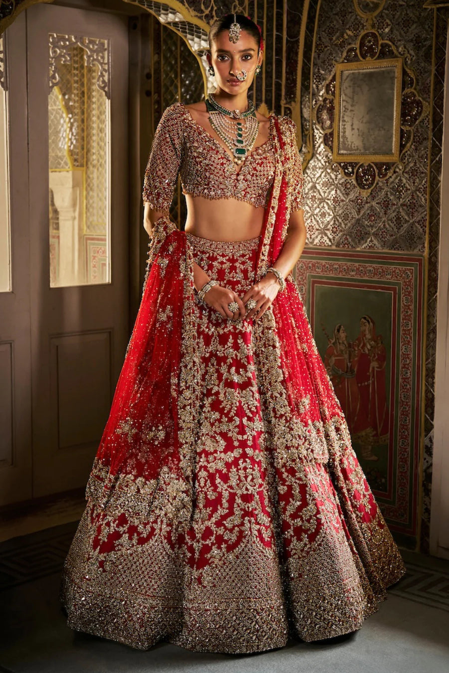 Red Crystal Zardosi Lehenga Set