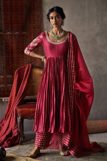 Cherry Red Silk Chanderi Crushed Anarkali Set