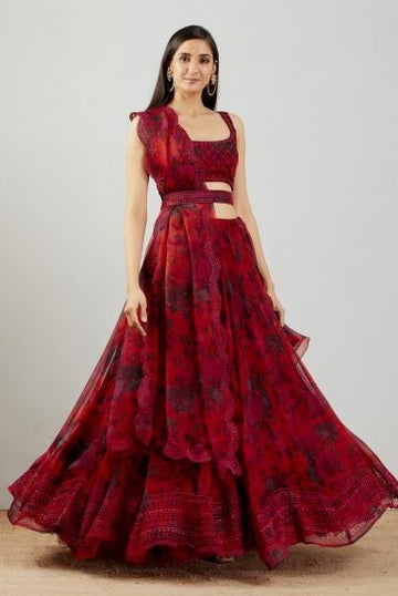 Dark Red Floral Lehenga Set