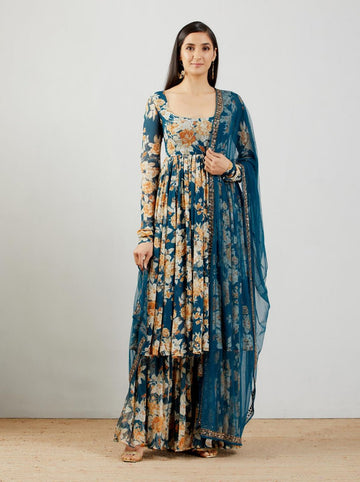 Teal Floral Sharara Set