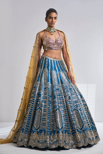 Three-Coloured Mirror Work Lehenga Set