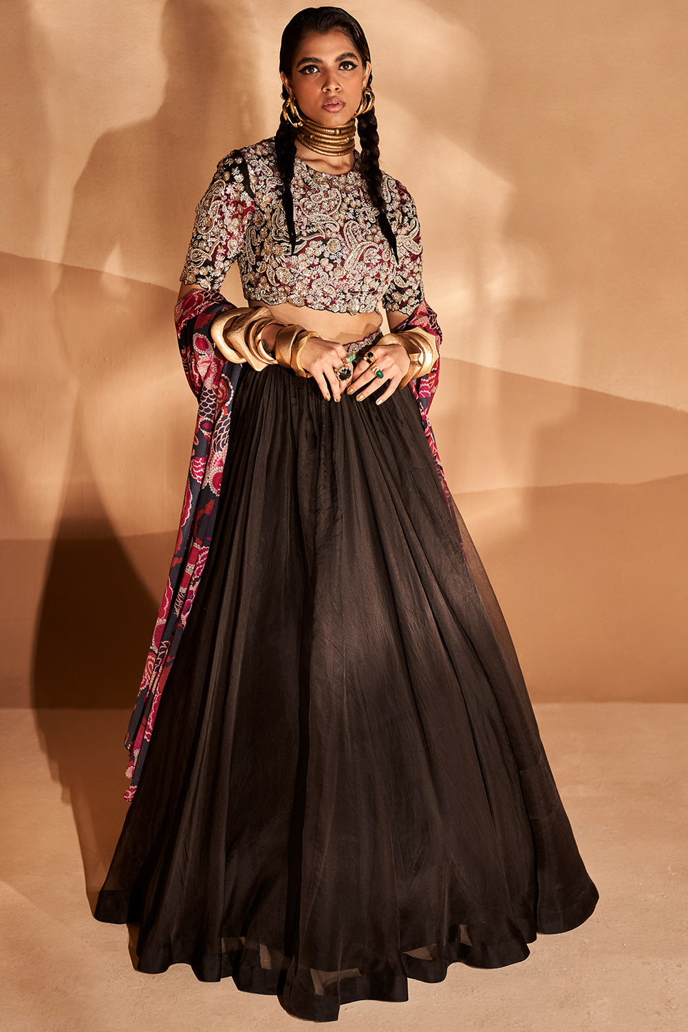 Gulbahar Black Ambi Jaal All Over Blouse and Skirt Set